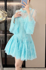 blue Embroidered Flared Mini Dress