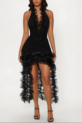 marina ruffle trim halter bodycon mini dress - black