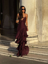 lorraine Waist-cinching backless camisole cake maxi dress - burgundy