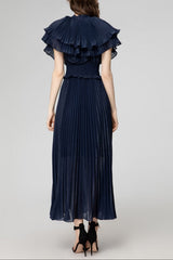 jocelyn ruffled pleated cape embellished midi dress - navy blue