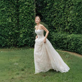 sally 3d butterfly waist-cinching Strapless lace maxi dress - white