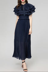 jocelyn ruffled pleated cape embellished midi dress - navy blue