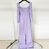 purple square neck long sleeve nail bead diamond maxi dress