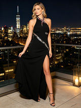 jessica snake-shaped rhinestone halter neck bodycon maxi dress - black