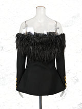 black Off-shoulder feather metal buckle decoration blazer mini dress