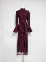 victoria Long lantern sleevelace-trim maxi dress - burgundy