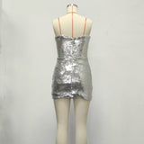 Sequin fishbone ruched bodycon mini dress - silver
