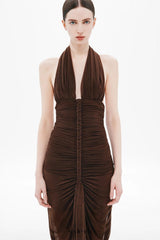 nancy v-neck pleated braided bodycon maxi dress - brown
