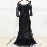 pink one-line neck nail bead sequin mesh long dress