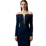 navy blue one-line collar bead diamond long dress