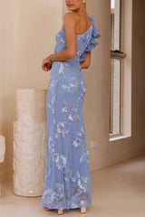 susie Mesh Embroidered One Shoulder Maxi Dress - blue