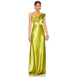 janice one-shoulder satin maxi dress in green