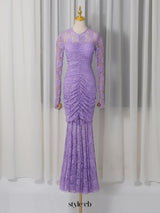 penny lace hollow ruched bodycon long sleeve maxi dress in purple