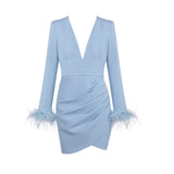 deep V-neck feather sleeve blazer mini dress - Light blue