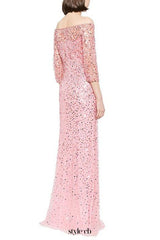pink one-line neck nail bead sequin mesh long dress