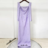 purple square neck long sleeve nail bead diamond maxi dress