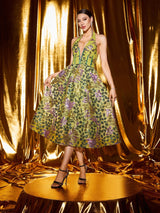 penny v-neck flower appliqué backless midi dress in green