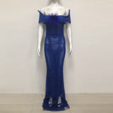 riva feather embellished hollowed sequin bodycon maxi dress in blue