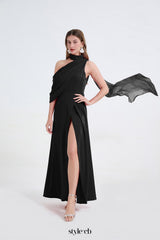 tammy Tailored One-Shoulder Detachable Collar Maxi Dress in black