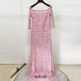 pink one-line neck nail bead sequin mesh long dress