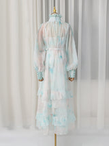 olga floral print lantern sleeve layer Sheer maxi dress