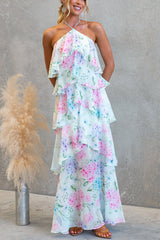 Floral Ruffle Halter Neck Midi Dress - blue
