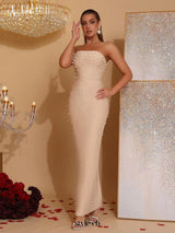 belen Pearl Beaded tube top maxi Dress in apricot