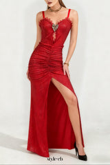 bertha high slit pleated sequin maxi dress in red