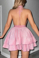 virginia A Line Halter Tiered mini Dress in pink