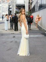 Pearl tassel off-shoulder fishtail maxi dress - yellow