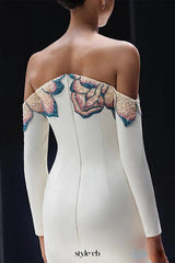 white off-shoulder collars nails beads diamond maxi dress