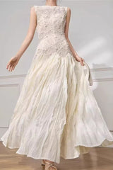leona Jacquard pleated sleeveless maxi dress in apricot