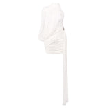 off-shoulder single-sleeve pleated bodycon Ribbon mini dress - white