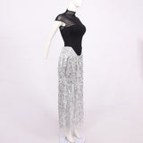 tassel sequin black corset maxi dress