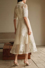 Lace Embroidered Shirt Collar Midi Dress - apricot