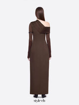 maud One-shoulder pleated high-slit maxi dress - brown