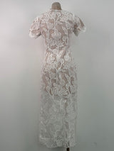phoenix floral Applique hollow lace Midi Dress - white