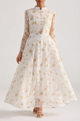 rebecca yellow Floral embroidered long-sleeve top skirt set