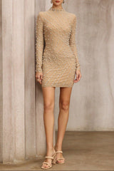Khaki Tassel Rhinestone Mesh Pearl Hip-Wrap mini Dress