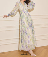 rachel multicolor v-neck floral print lantern sleeve maxi dress