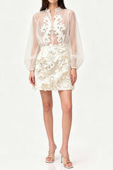 Floral appliqué sheer organza blouse & mini skirt set - white