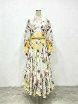 mary yellow print High-neck puff-sleeved top & full-skirted midi skirt
