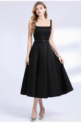 amelia square neck Satin Slip midi Dress - black
