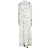white nail bead layered lotus leaf slit maxi dress