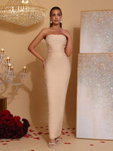 belen Pearl Beaded tube top maxi Dress in apricot