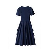 katherine 3d flower appliqué midi dress in navy blue