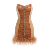 anna rhinestone embellished feather strapless mini dress in pale brown