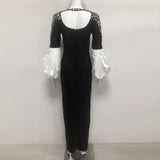 ellen black Long Sleeve Rhinestone Contrast Bandage Maxi Dress