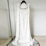 red nail bead chain shawl sleeves floor-length dress