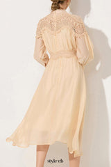 cecilia apricot Lantern sleeves openwork wavy trim midi dress